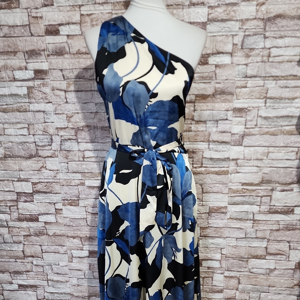 Nicole Miller Elegant Blue Floral One-Shoulder Dress